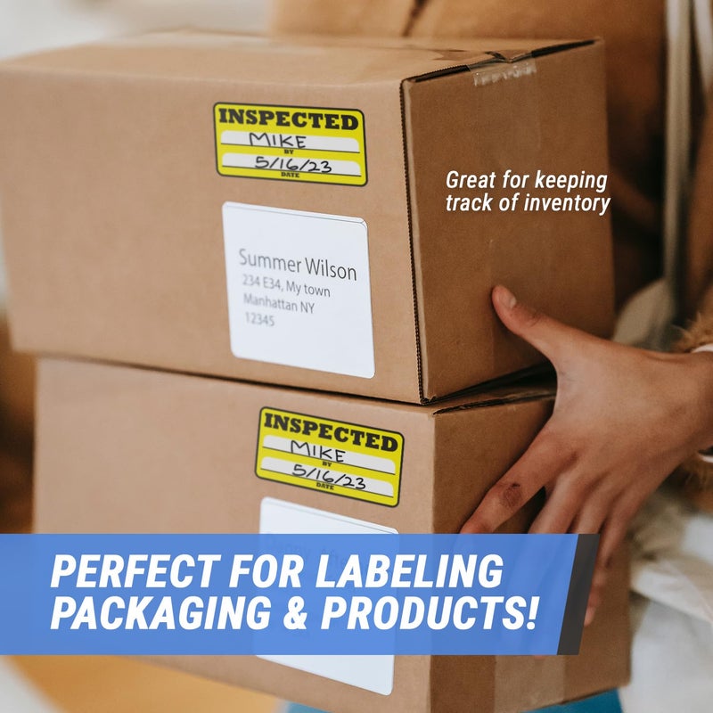 OfficeSmartLabels Inspection Stickers - 3""x1.5"" Rectangular Inspection Labels in Bright Yellow - Writable Space By & Date for Inventory Quality Control Warehouse Shipping Handling Strong Adhesive [1200 Labels per Roll] - Image 4